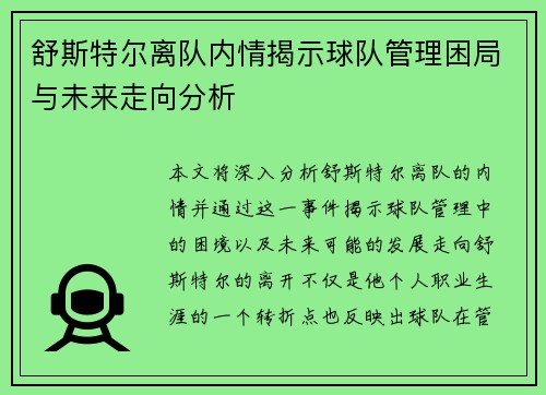 舒斯特尔离队内情揭示球队管理困局与未来走向分析 舒斯特尔离队内情揭示球队管理困局与未来走向分析