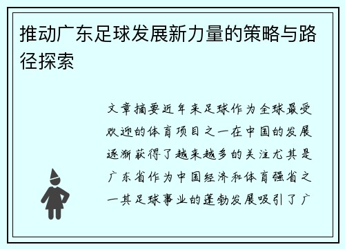 推动广东足球发展新力量的策略与路径探索