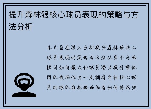 提升森林狼核心球员表现的策略与方法分析